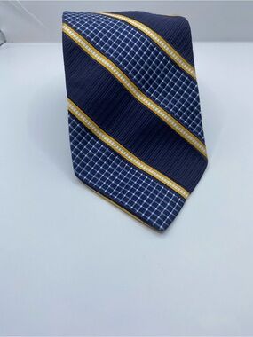 Faconnable Navy Blue Tie with Yellow and White Diagonal Stripes
